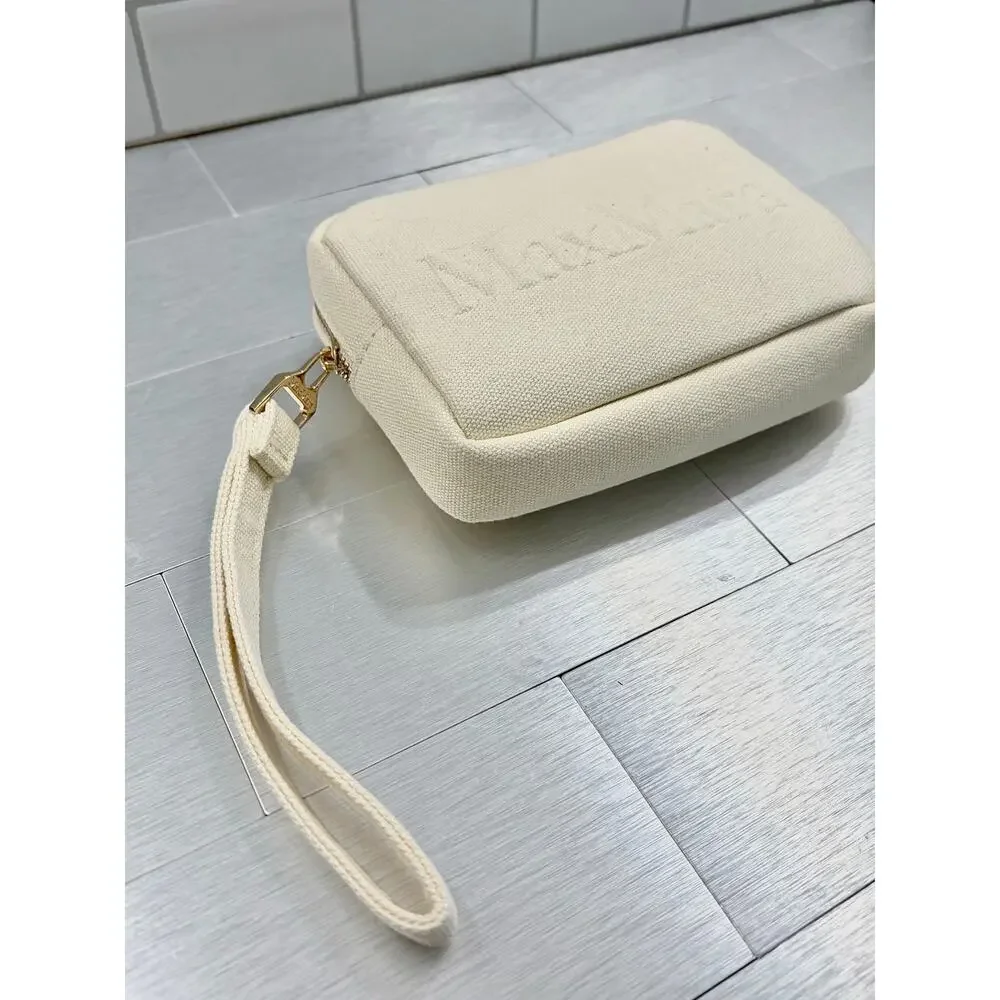 Max Mara Leccio MM Beauty Case Cream Canvas Wristlet Clutch (NWOT)